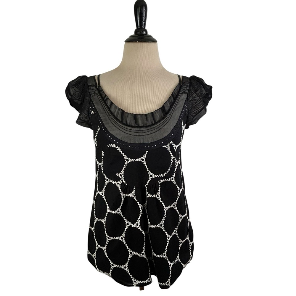 HANII Y Babydoll Embroidered TOP Blouse 38 XS Black Puff Sleeve Y2K Milkmaid
